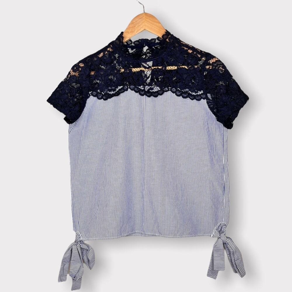 Zara Women's Blouse Size S | Striped Navy Lace Neckline Side Ties